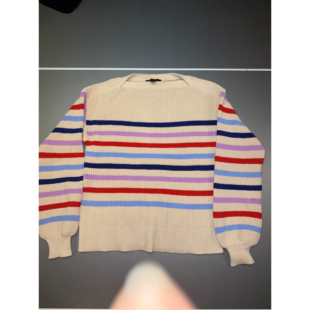 Ann Taylor Boatneck Striped Shaker Knit Sweater Cream Red Blue Purple Small